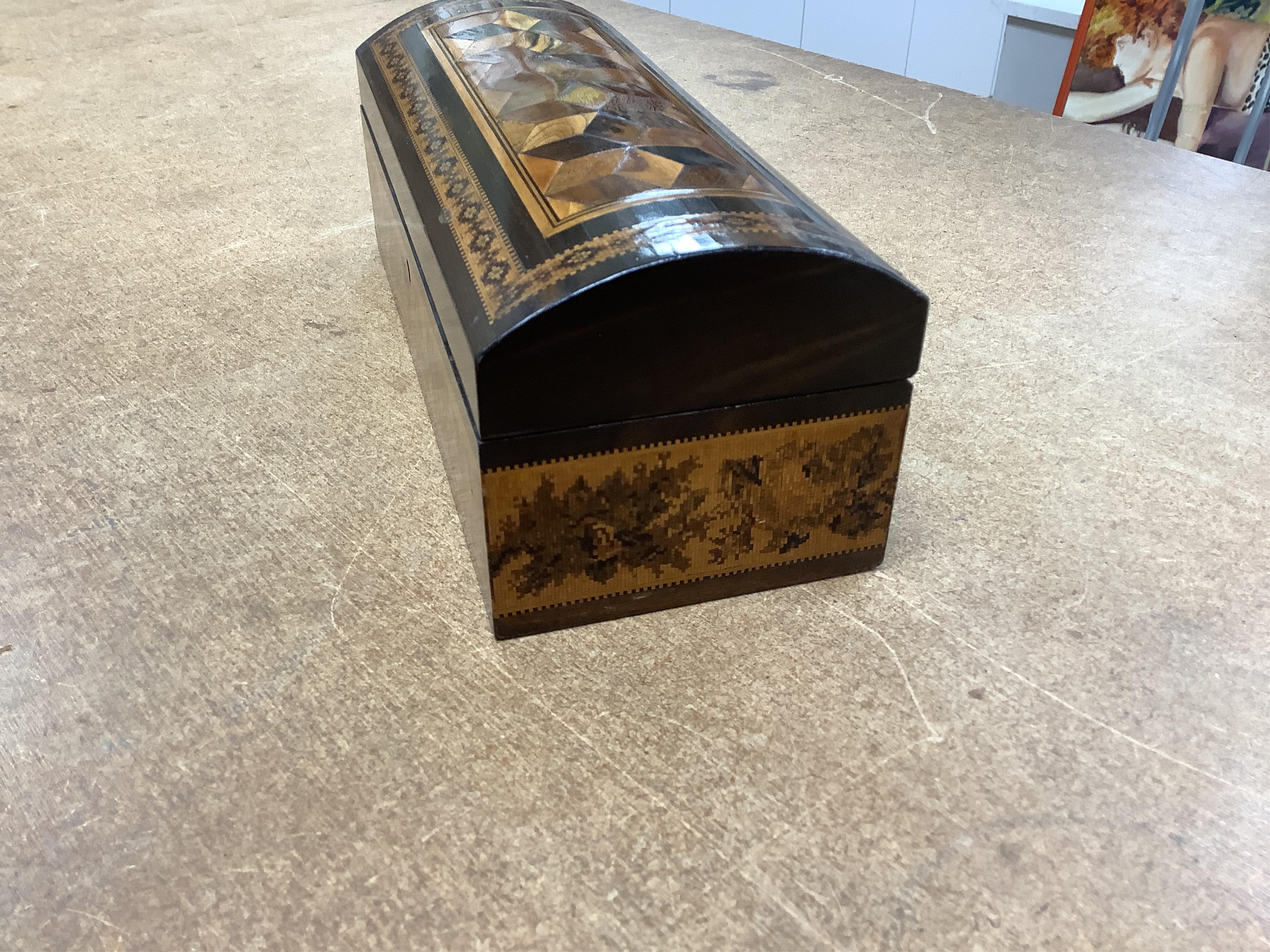 A Tunbridgeware specimen cube marquetry and Tesserae Mosaic domed glove box, c.1840, with silk lining, 24cm wide